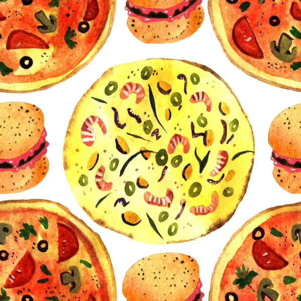 Watercolor Pizza Hamburger Illustration Isolated White Background Seamless Pattern — Stock Photo, Image