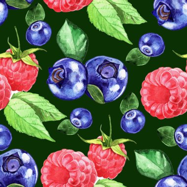 Yaban mersini, ahududu, çilek seamless modeli. Suluboya