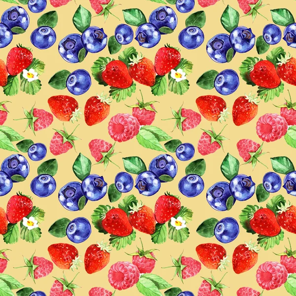 Bleuet, framboise, modèle sans couture fraise. Aquarelle — Photo