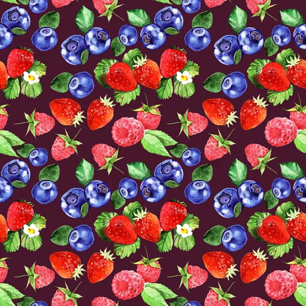 Yaban mersini, ahududu, çilek seamless modeli. Suluboya