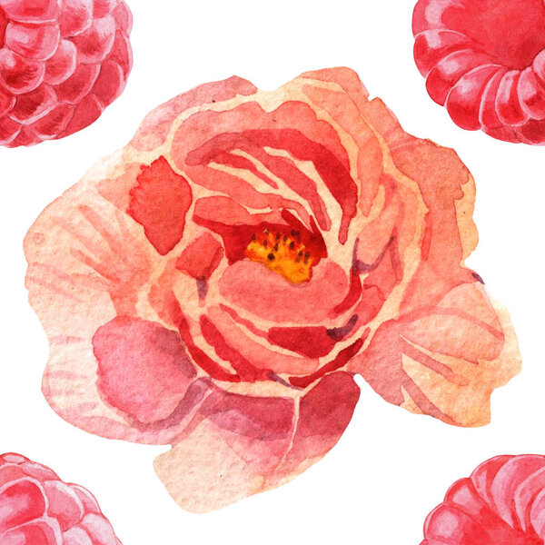 Watercolor Pink Flowers and Berries Seamless Pattern