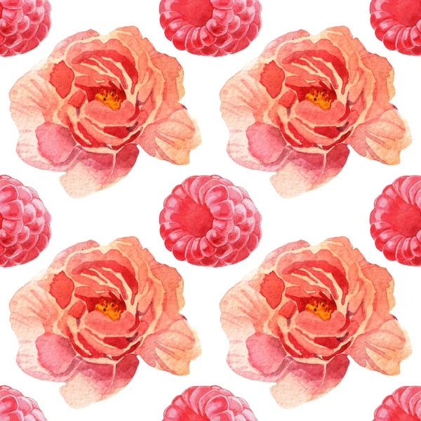 Akvarell rózsaszín virágok és bogyók Seamless Pattern — Stock Fotó