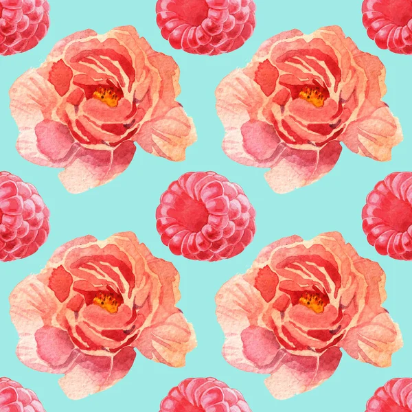 Akwarela różowe kwiaty i jagody Seamless Pattern — Zdjęcie stockowe