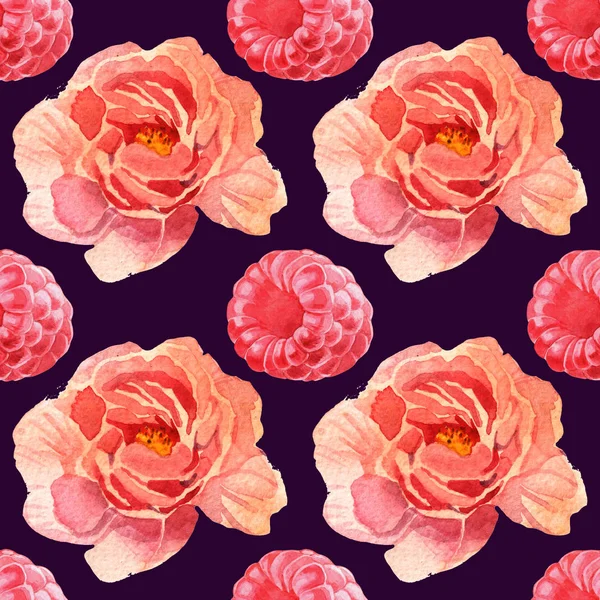 Akwarela różowe kwiaty i jagody Seamless Pattern — Zdjęcie stockowe