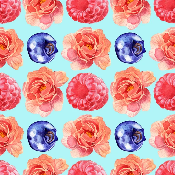 Aquarela rosa flores e bagas sem costura padrão — Fotografia de Stock