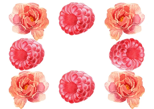 수채화 꽃 배경입니다. 꽃과 베리 프레임입니다. 분홍색과 보라색 봄 일러스트 — 스톡 사진