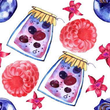 Dikişsiz desen bir tatlı berry reçel. Suluboya resim.