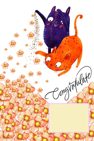 Watercolor cat card and congratulate — Stock Photo, Image