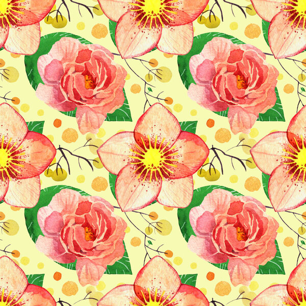 Watercolor floral seamless pattern. hellebore flower and plants 