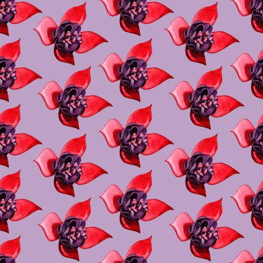 Suluboya çiçek seamless modeli. Fuşya çiçek ve bitki Menekşe arka plan üzerinde.