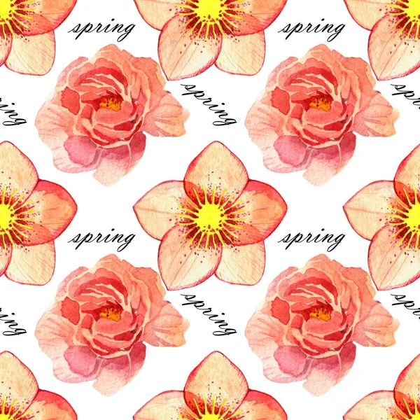 Aquarell florales nahtloses Muster. Hellebore Blume und Pflanzen auf weißem Hintergrund. — Stockfoto
