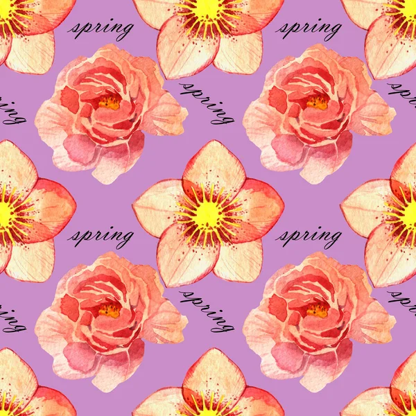 Aquarell florales nahtloses Muster. Hellebore Blume und Pflanzen auf violettem Hintergrund. — Stockfoto