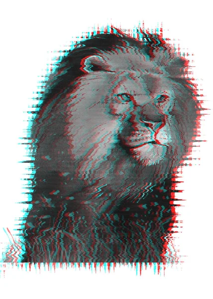 Watercolor lion illustration with  glitch effect. for fashion print, poster for textiles, fashion design, T-shirt graphics design. — Stock Photo, Image