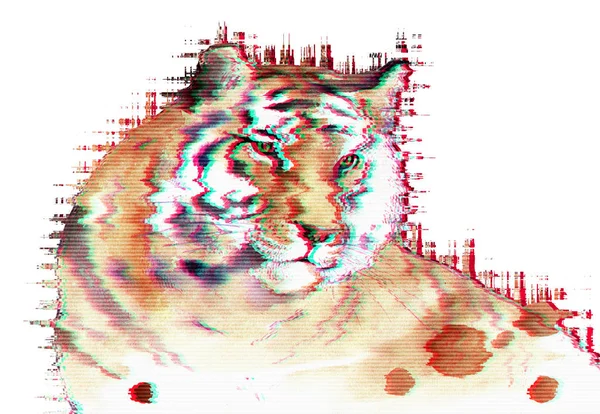 Watercolor tiger illustration with  glitch effect. for fashion print, poster for textiles, fashion design, T-shirt graphics design. — Stock Photo, Image