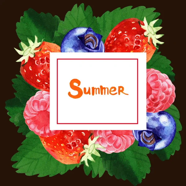 Akvarel v létě a na jaře květinový rámeček obrázku s berry — Stock fotografie
