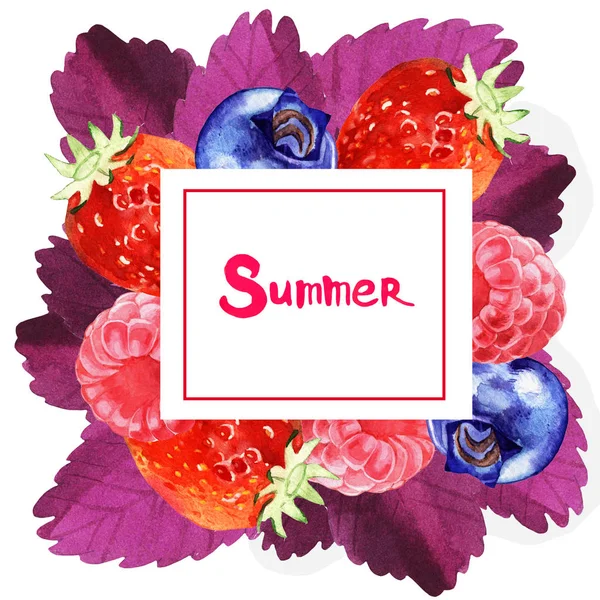 Watercolor summer and spring floral frame illustration with berry — Stock Photo, Image