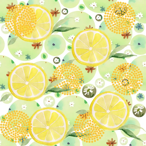 Абстрактный бесшовный шаблон. Творческий фон с кружками и лимоном — стоковое фото