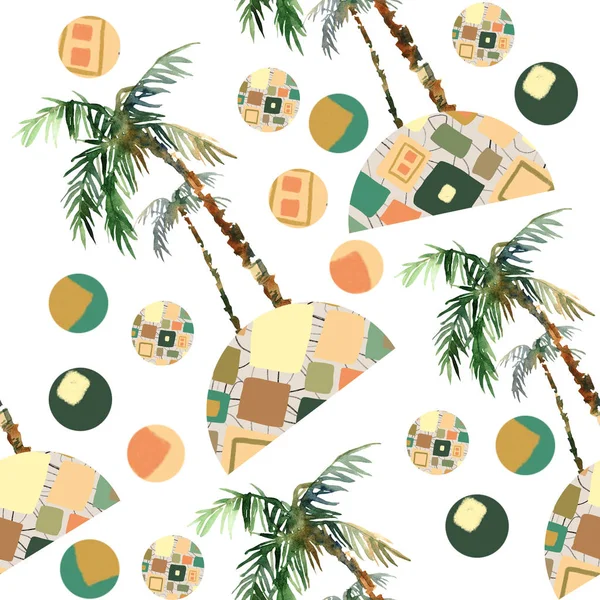 Abstrakta sommaren geometriska sömlösa mönster. Akvarell palm tree, cirklar bakgrund. Vatten färg blommig, minimal element. Handmålade tropiska illustration — Stockfoto