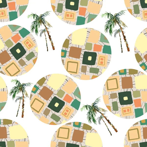 Abstrakta sommaren geometriska sömlösa mönster. Akvarell palm tree, cirklar bakgrund. Vatten färg blommig, minimal element. Handmålade tropiska illustration — Stockfoto