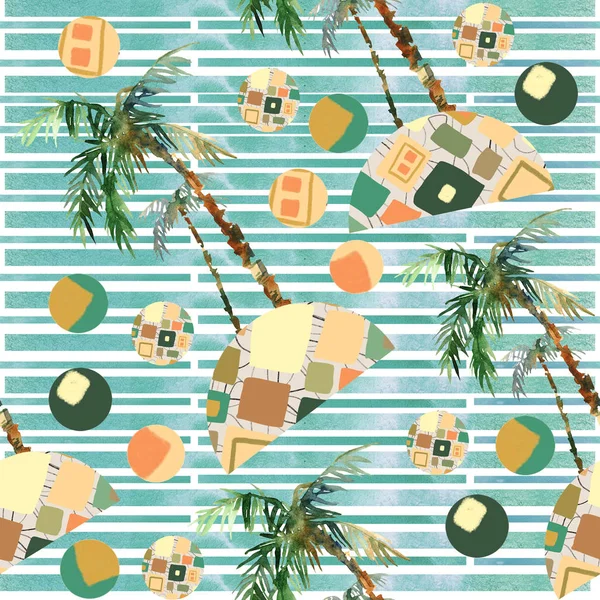 Abstrakta sommaren geometriska sömlösa mönster. Akvarell palm tree, cirklar bakgrund. Vatten färg blommig, minimal element. Handmålade tropiska illustration — Stockfoto