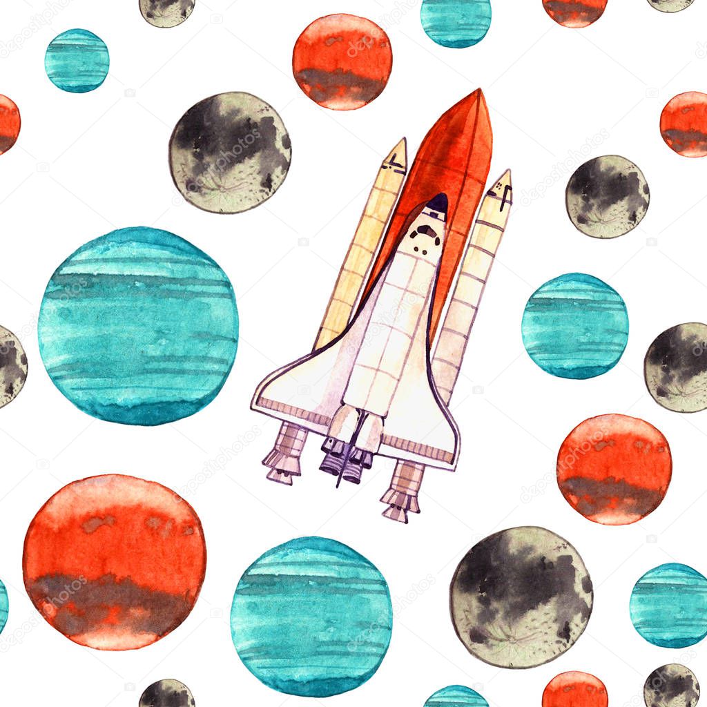 watercolor space illustration with rocket and planet seamless pattern isolated on white background