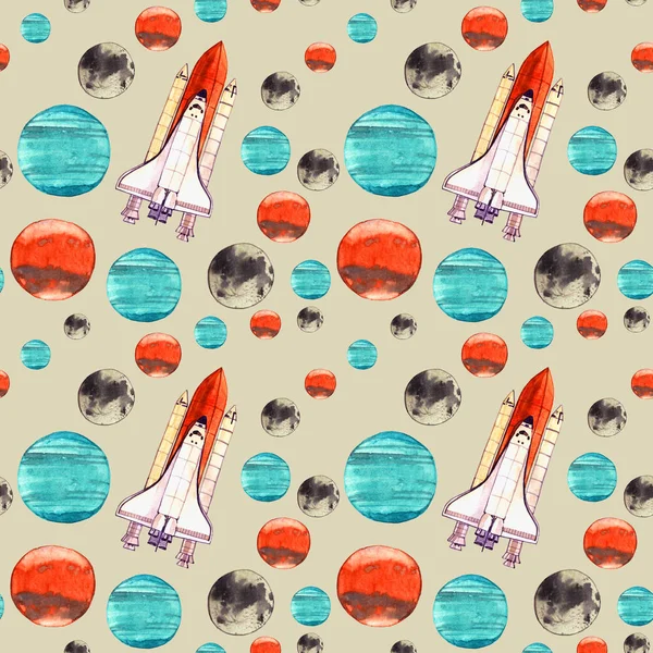 Watercolor Space Illustration Rocket Planet Seamless Pattern Isolated Color Background — Stock Photo, Image