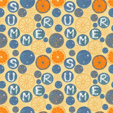 Güneşli parlak portakal dilimleri. Suluboya doğal yaz Dikişsiz desen. Organik vitamin resimde Sarı zemin üzerine