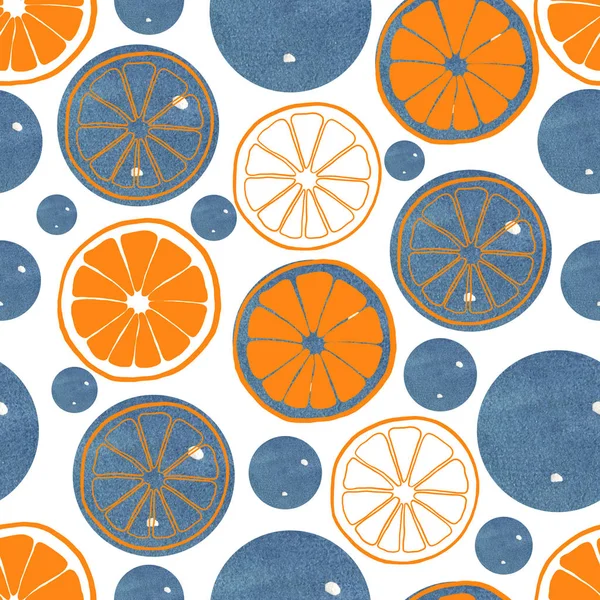 Солнечные яркие оранжевые ломтики. Акварель естественный летний бесшовный узор. Органические витамины на белом фоне — стоковое фото