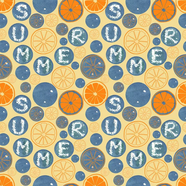 Güneşli parlak portakal dilimleri. Suluboya doğal yaz Dikişsiz desen. Organik vitamin resimde Sarı zemin üzerine