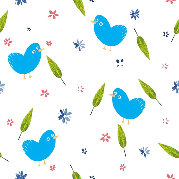 Acuarela lindo patrón de flores y dibujos animados aves ilustración patrón sin costura — Foto de Stock