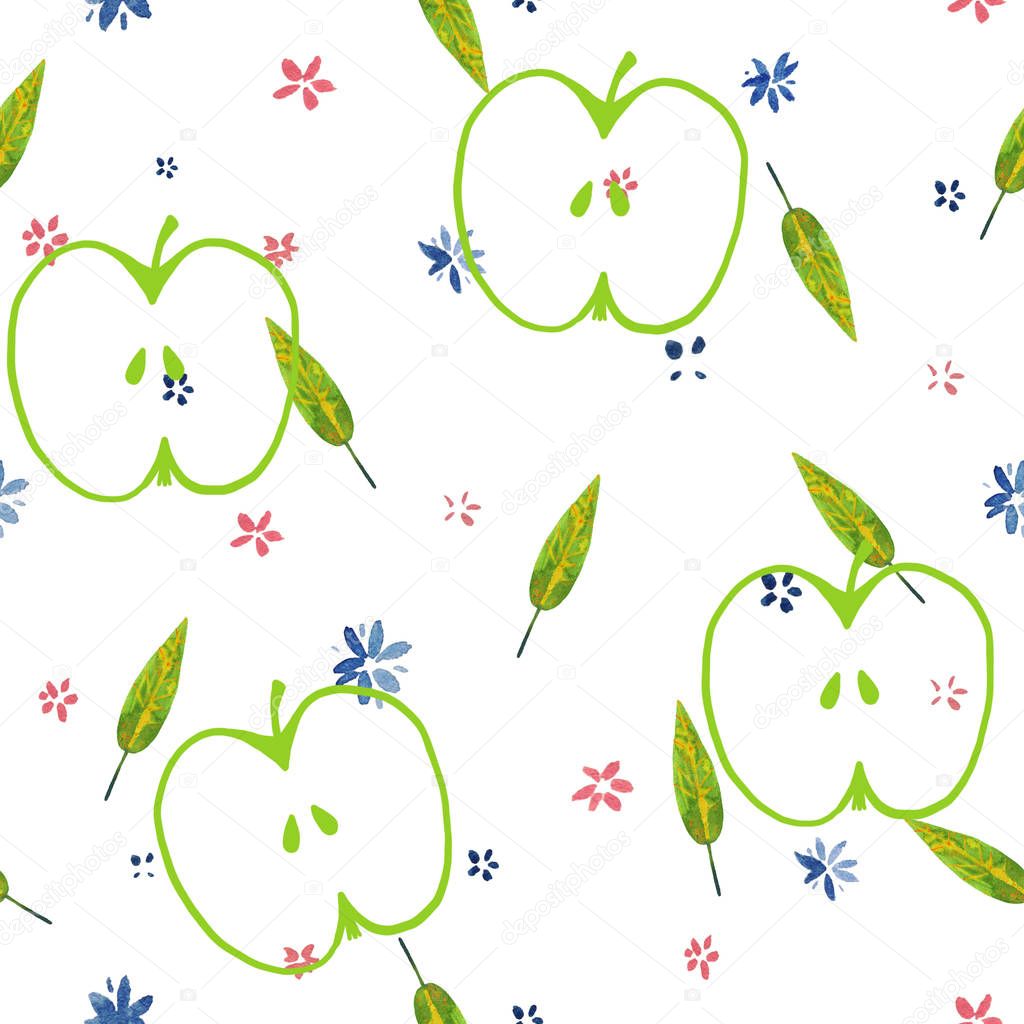 watercolor cute flowers pattern and apple  illustration seamless pattern