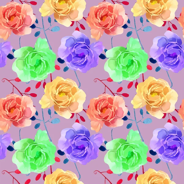 美丽多彩的水彩玫瑰花无缝图案的背景。精美插图与花. — 图库照片