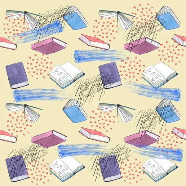 Suluboya kitap illüstrasyon seamless modeli. El boyalı beyaz arka plan üzerinde izole kitap yığını.