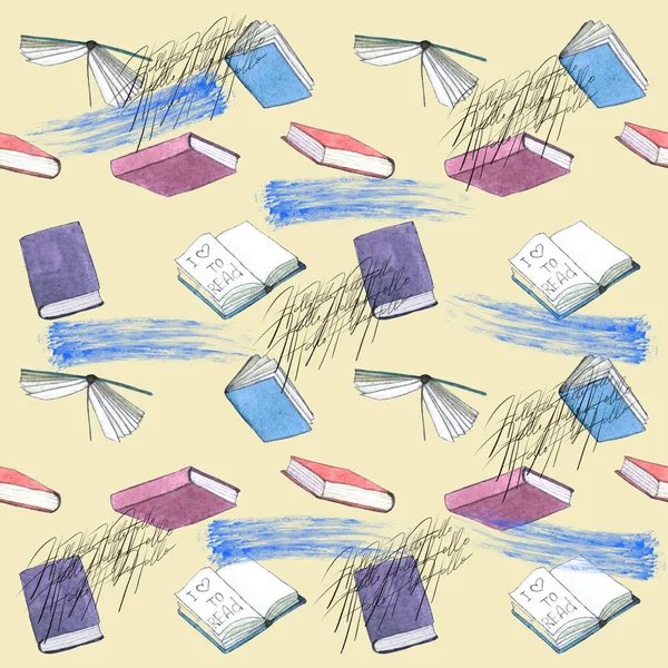 Akvarell böcker illustration sömlösa mönster. Handmålade trave böcker isolerad på färg bakgrunden. — Stockfoto