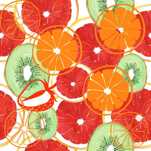 Акварельный грейпфрутовый киви оранжевый и клубничный бесшовный рисунок — стоковое фото