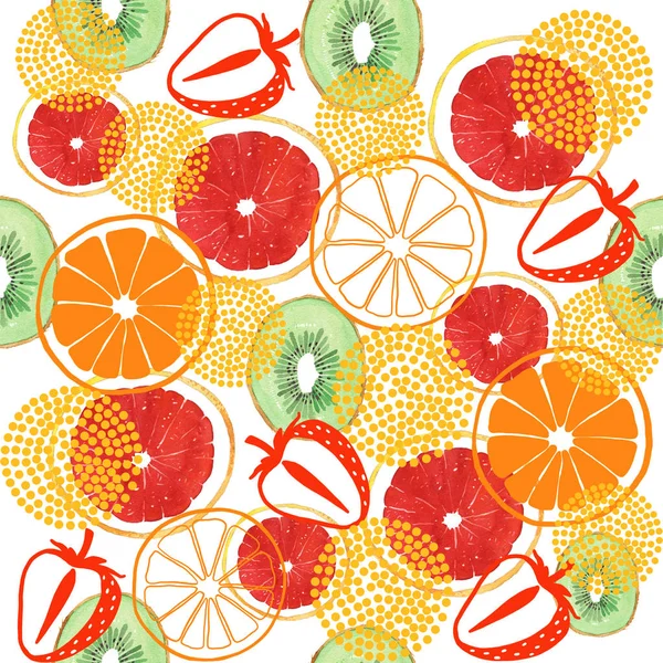 Aquarell Grapefruit Kiwi Orange und Erdbeere nahtlose Musterillustration — Stockfoto