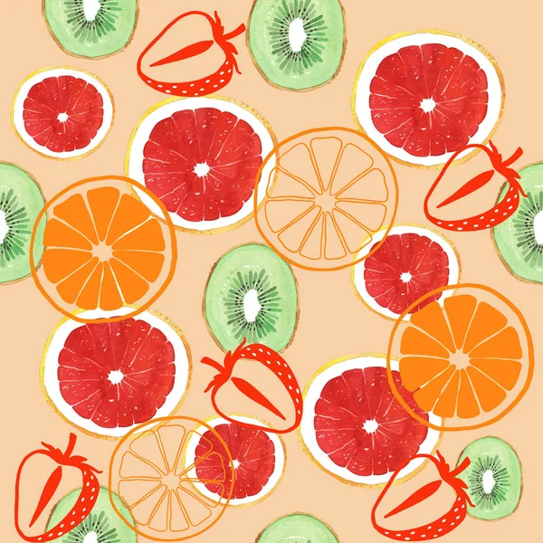 Акварель грейпфрут ківі апельсин і полуниця безшовні ілюстрації візерунка — стокове фото