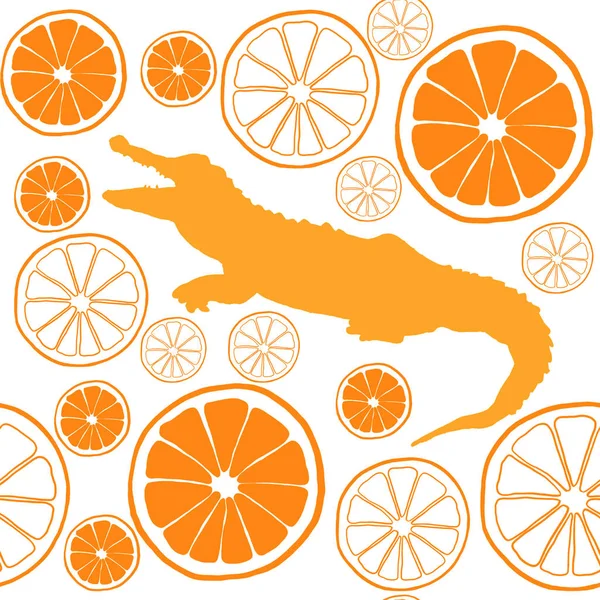 Watercolor  orange  seamless pattern illustration with crocodile
