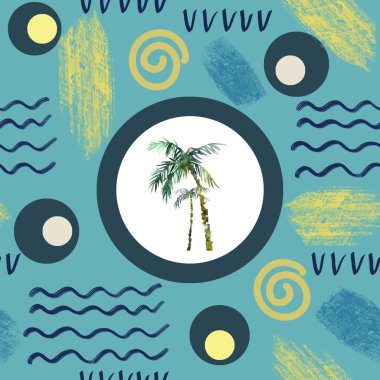 Soyut yaz Dikişsiz desen. Suluboya palmiye ağacı, fırça darbeleri. Suluboya arka planda minimalist styld tropikal illüstrasyon boyalı.