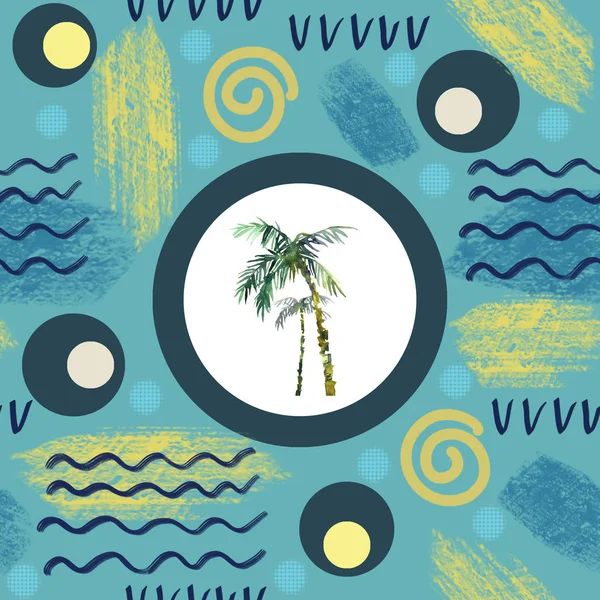 Soyut yaz Dikişsiz desen. Suluboya palmiye ağacı, fırça darbeleri. Suluboya arka planda minimalist styld tropikal illüstrasyon boyalı. — Stok fotoğraf