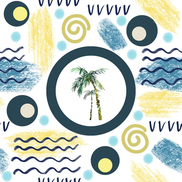 Soyut yaz Dikişsiz desen. Suluboya palmiye ağacı, fırça darbeleri. Suluboya arka planda minimalist styld tropikal illüstrasyon boyalı. — Stok fotoğraf