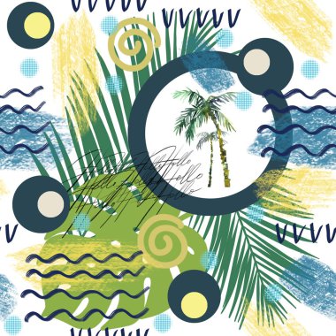 Soyut yaz Dikişsiz desen. Suluboya palmiye ağacı, fırça darbeleri. Suluboya arka planda minimalist styld tropikal illüstrasyon boyalı.