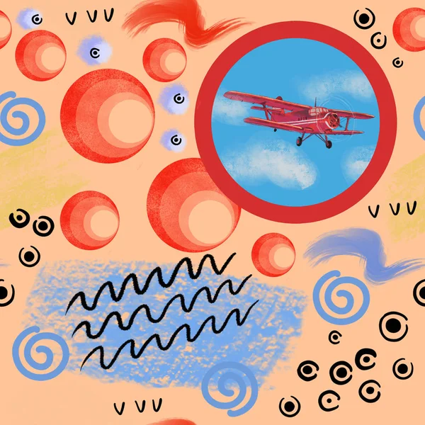 Avion Aquarelle Rouge Sur Illustration Ciel Bleu Avec Traitement Informatique — Photo