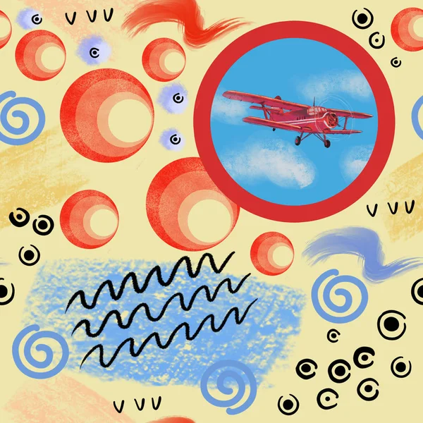 コンピューター処理のシームレスなパターンと青空のイラストを水彩画の赤い飛行機 飛行の平面のビュー — ストック写真