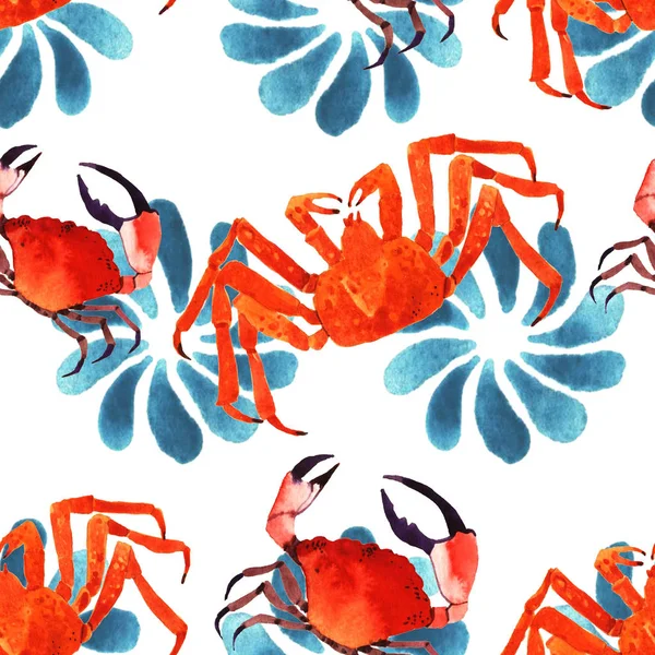 Krabba akvarell sömlösa mönster, Marina textur, mönster med krabbor — Stockfoto