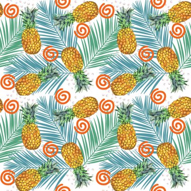 palmiye yaprak suluboya ananas illüstrasyon seamless modeli. Tropikal arka plan