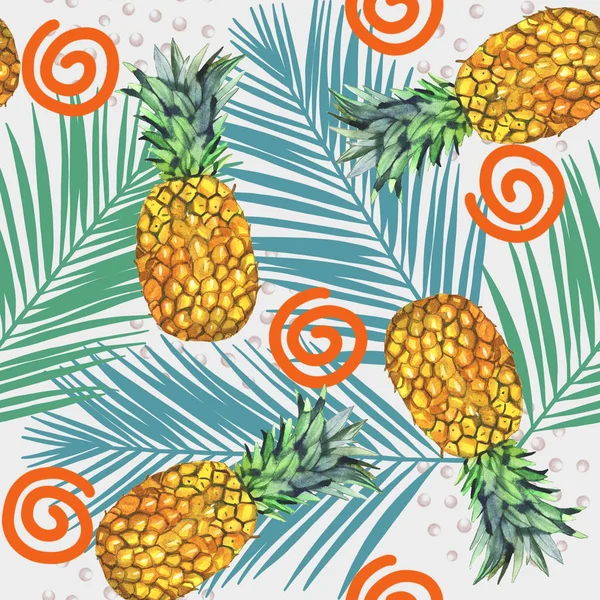 Watercolor Pineapple Illustration Seamless Pattern Palm Leaf Tropical Background — Stock Photo, Image