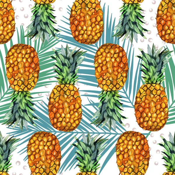 watercolor pineapple illustration seamless pattern with palm leaf. Tropical background
