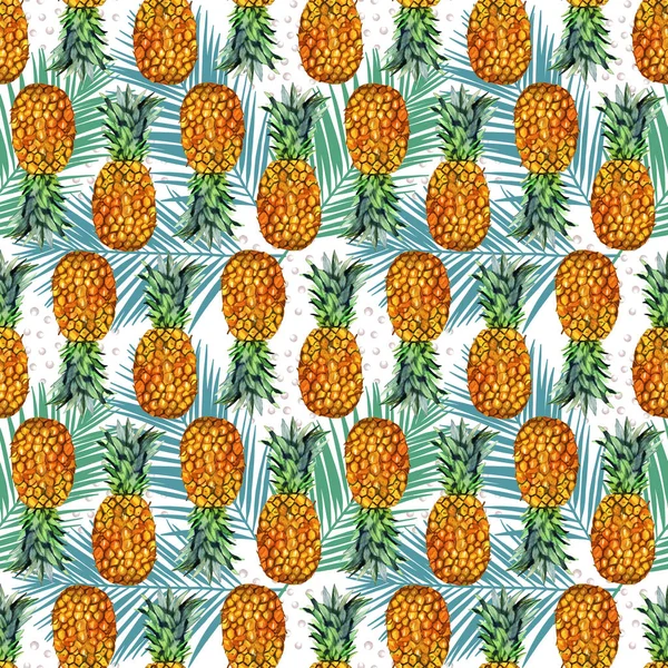 watercolor pineapple illustration seamless pattern with palm leaf. Tropical background