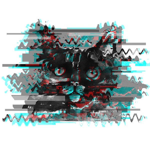 Acuarela Ilustración Gato Negro Con Efecto Fallo Aislado Sobre Fondo — Foto de Stock